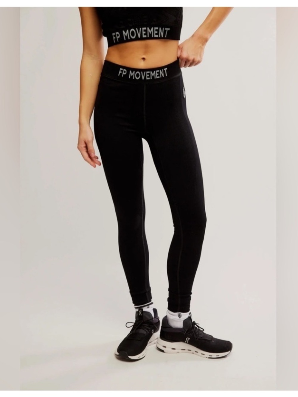 Free People Movement Long Haul Logo Ribbed Leggings Black Athletic Pants Med/Lrg